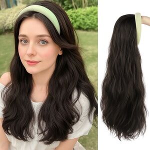 Long‎ Wavy Headband Wig with Secure Clip – Black Natural Look, Easy Wear new